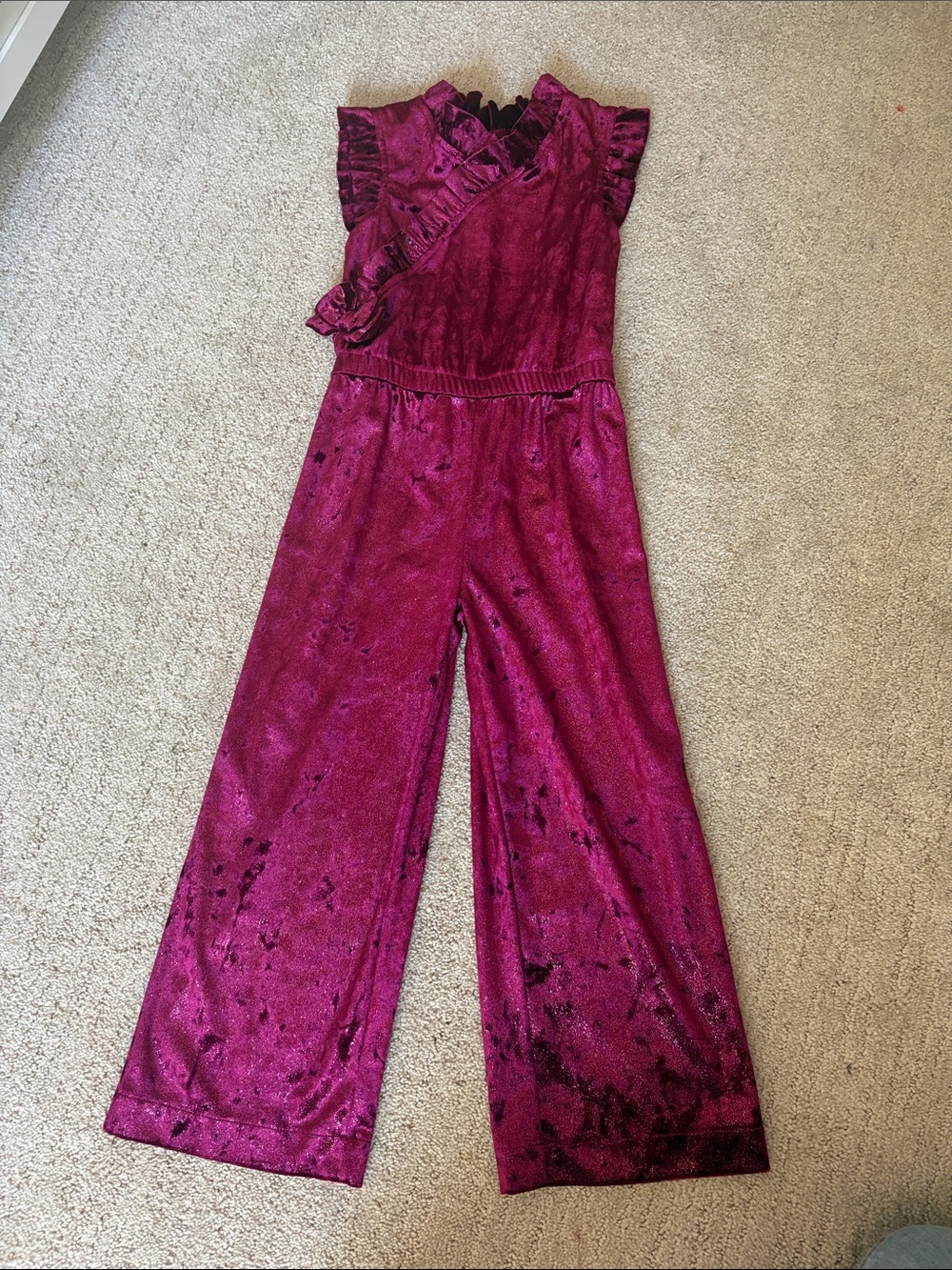 Girls' Velvet Magenta Ruffle-Shoulder Jumpsuit